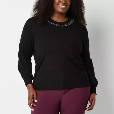 Liz Claiborne Plus Womens Crew Neck Embellished Long Sleeve Pullover Sweater In Black
