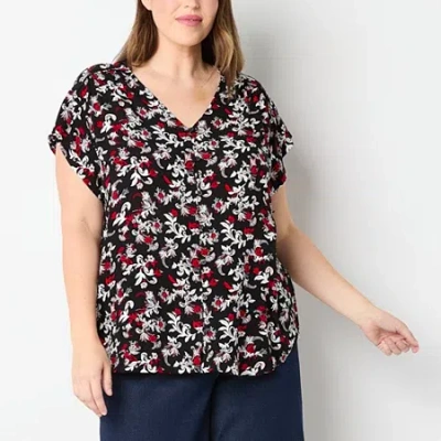 Liz Claiborne Womens Plus V Neck Short Sleeve Blouse In Black