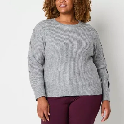 Liz Claiborne Plus Womens Crew Neck Long Sleeve Pullover Sweater In Gray