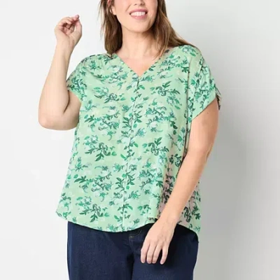 Liz Claiborne Womens V Neck Short Sleeve Plus Blouse In Green