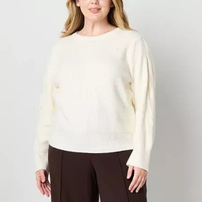 Liz Claiborne Plus Womens Crew Neck Long Sleeve Pullover Sweater In White