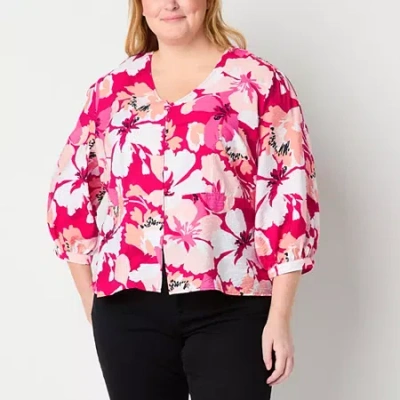 Liz Claiborne Womens Plus V Neck 3/4 Sleeve Peplum Top In Pink