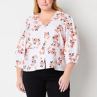 Liz Claiborne Womens Plus V Neck 3/4 Sleeve Peplum Top In Multi