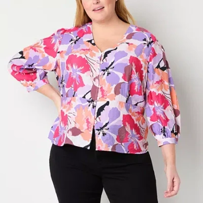 Liz Claiborne Womens Plus V Neck 3/4 Sleeve Peplum Top In Multi