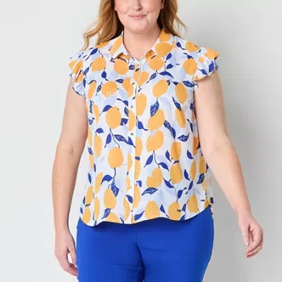 Liz Claiborne Womens Plus Cap Sleeveless Regular Fit Button-down Shirt In Yellow