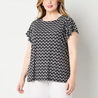 Liz Claiborne Womens Plus Round Neck Short Sleeve Blouse In Multi