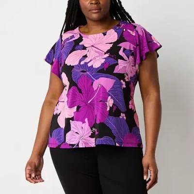 Liz Claiborne Womens Plus Round Neck Short Sleeve Blouse In Multi