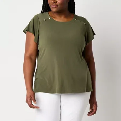 Liz Claiborne Womens Plus Round Neck Short Sleeve Blouse In Green