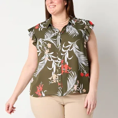Liz Claiborne Womens Plus Cap Sleeveless Regular Fit Button-down Shirt In Green