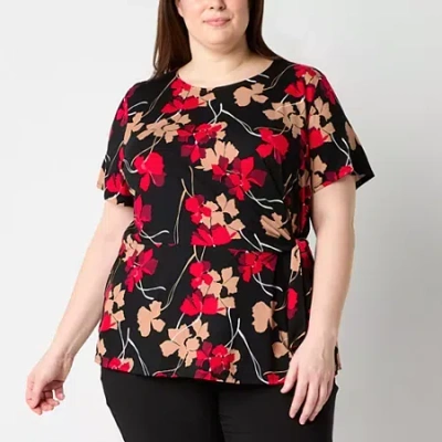 Liz Claiborne Womens Plus Round Neck Short Sleeve Blouse In Multi