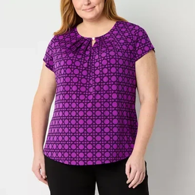 Liz Claiborne Womens Crew Neck Short Sleeve Adaptive Plus Blouse In Purple