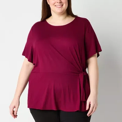 Liz Claiborne Womens Plus Round Neck Short Sleeve Blouse In Red