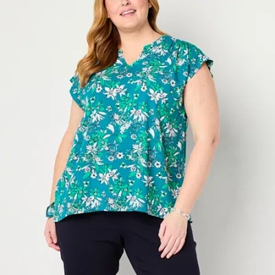 Liz Claiborne Plus Womens Split Crew Neck Short Sleeve Tunic Top In Blue