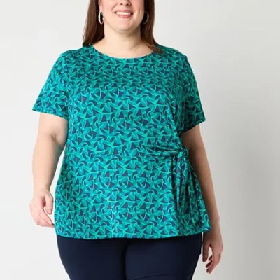 Liz Claiborne Womens Plus Round Neck Short Sleeve Blouse In Green