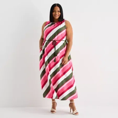 Liz Claiborne Womens Plus Short Sleeve Striped Maxi Dress In Pink