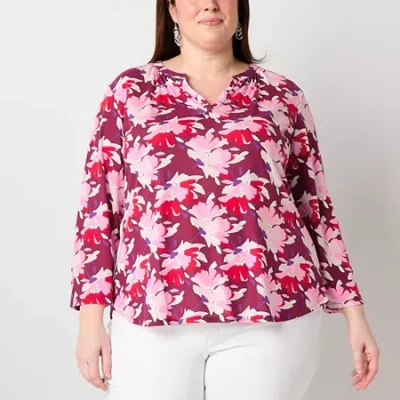 Liz Claiborne Womens Plus Split Crew Neck 3/4 Sleeve Blouse In Red