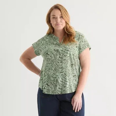 Liz Claiborne Womens Plus Split Crew Neck Short Sleeve Blouse In Green
