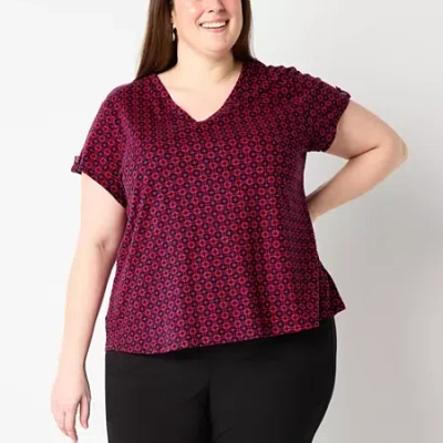 Liz Claiborne Womens V Neck Short Sleeve Plus Blouse In Red