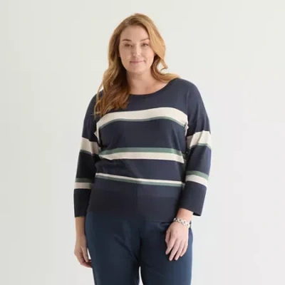 Liz Claiborne Plus Womens Crew Neck 3/4 Sleeve Striped Pullover Sweater In Blue