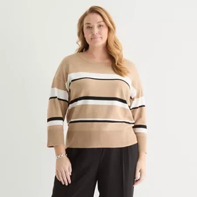 Liz Claiborne Plus Womens Crew Neck 3/4 Sleeve Striped Pullover Sweater In Brown