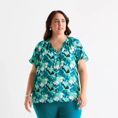 Liz Claiborne Womens Plus Split Tie Neck Short Sleeve Blouse In Green