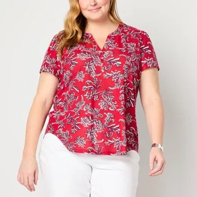 Liz Claiborne Womens Plus Split Crew Neck Short Sleeve Blouse In Multi