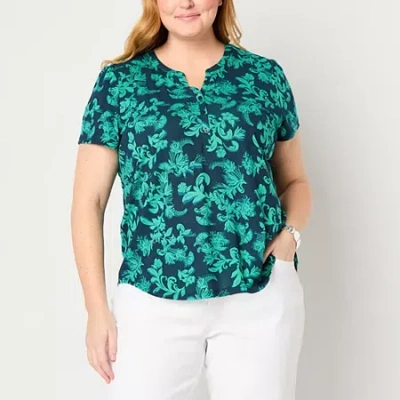 Liz Claiborne Womens Plus Split Crew Neck Short Sleeve Blouse In Blue