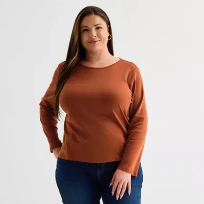 Liz Claiborne Womens Plus Crew Neck Long Sleeve T-shirt In Brown