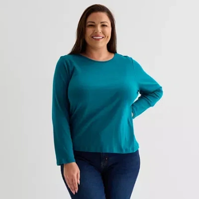 Liz Claiborne Womens Plus Crew Neck Long Sleeve T-shirt In Blue