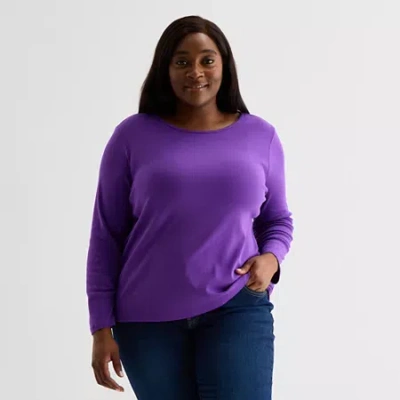 Liz Claiborne Womens Plus Crew Neck Long Sleeve T-shirt In Purple