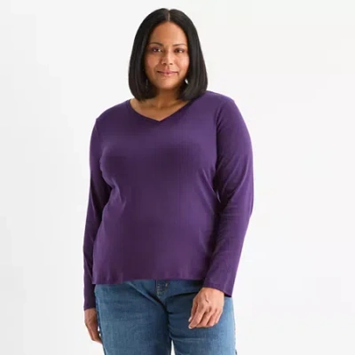Liz Claiborne Womens Plus V Neck Long Sleeve T-shirt In Multi