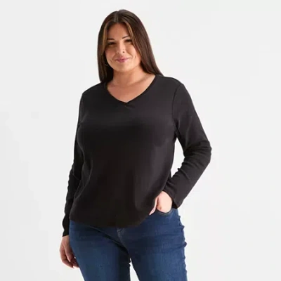 Liz Claiborne Womens Plus V Neck Long Sleeve T-shirt In Black