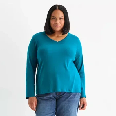 Liz Claiborne Womens Plus V Neck Long Sleeve T-shirt In Blue