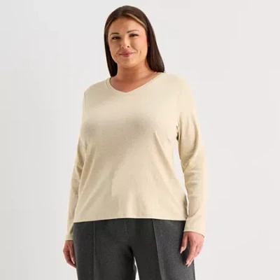Liz Claiborne Womens Plus V Neck Long Sleeve T-shirt In Sand