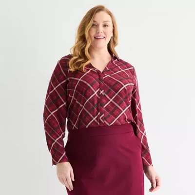 Liz Claiborne Womens Plus Fitted Long Sleeve Regular Fit Button-down Shirt In Red
