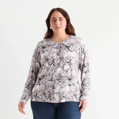 Liz Claiborne Womens Plus Round Neck Long Sleeve Blouse In Purple