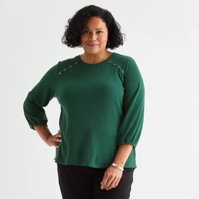 Liz Claiborne Womens Plus Crew Neck 3/4 Sleeve Blouse In Green