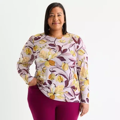 Liz Claiborne Womens Plus Round Neck Long Sleeve Blouse In Multi