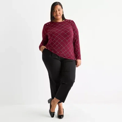 Liz Claiborne Womens Plus Round Neck Long Sleeve Blouse In Red