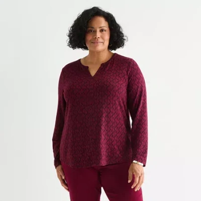 Liz Claiborne Womens Plus Split Crew Neck Long Sleeve Blouse In Burgundy