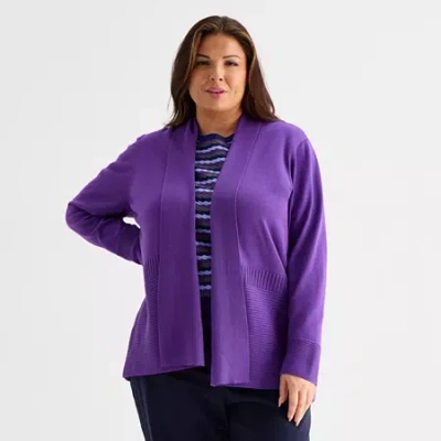 Liz Claiborne Womens Long Sleeve Open Front Plus Cardigan In Purple