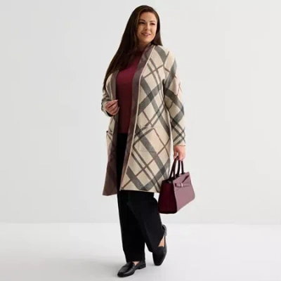 Liz Claiborne Womens Long Sleeve Open Front Plus Plaid Cardigan In Multi