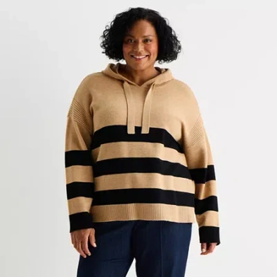 Liz Claiborne Plus Womens Hooded Long Sleeve Pullover Sweater In Sand
