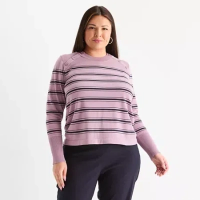 Liz Claiborne Plus Womens Crew Neck Long Sleeve Striped Pullover Sweater In Purple