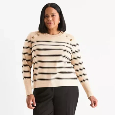 Liz Claiborne Plus Womens Crew Neck Long Sleeve Striped Pullover Sweater In Sand