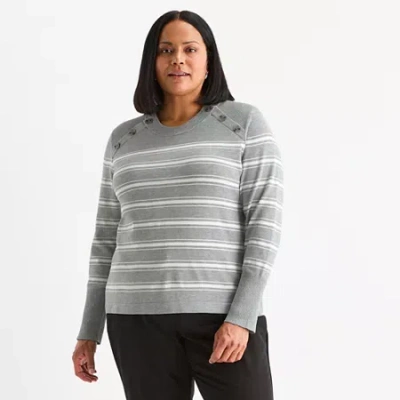 Liz Claiborne Plus Womens Crew Neck Long Sleeve Striped Pullover Sweater In Gray