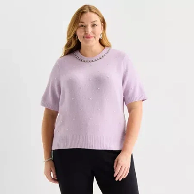 Liz Claiborne Plus Womens Crew Neck Embellished Short Sleeve Pullover Sweater In Pink