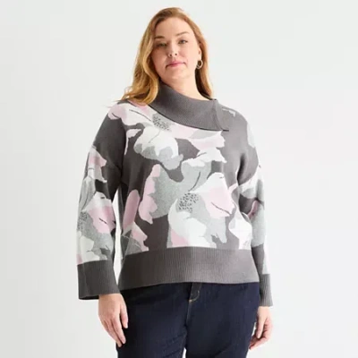 Liz Claiborne Plus Womens Long Sleeve Floral Pullover Sweater In Gray