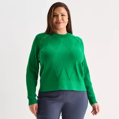 Liz Claiborne Plus Womens Crew Neck Long Sleeve Pullover Sweater In Green
