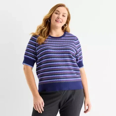 Liz Claiborne Plus Womens Crew Neck Short Sleeve Striped Pullover Sweater In Blue